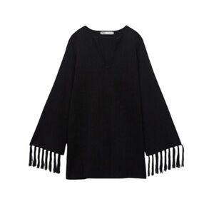 ZARA Textured Knit Tunic Woven Top Fringe Sleeves Black V-Neck Size Large